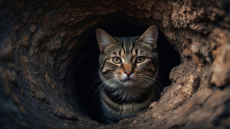 AI Generated. A striped cat is also known as hiding in a dark hole, in a holeの素材