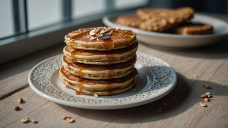 AI Generated. A variety of buckwheat flourbased baked goods including pancakes waffles as well as bread neatly arranged on a plate beside a glass of almond milkの素材