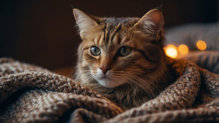 AI Generated. A cup of hot coffee, a blanket, cas well asles as well as a domestic cat looks to the sideの素材