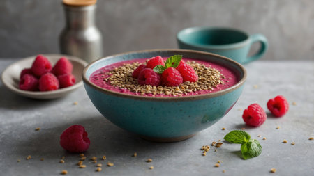 AI Generated. A colorful smoothie bowl featuring raspberries chia seeds as well as buckwheat providing a satis also known asfying protein boost for a busy day aheadの素材