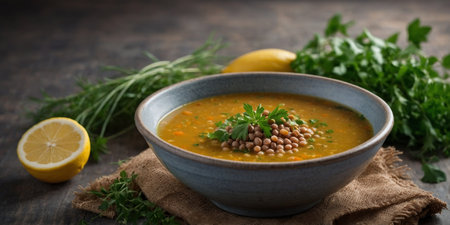 AI Generated. A nourishing buckwheat and lentil soup with a burst of flavor from fresh herbs and lemon juice perfect for a cold dayの素材