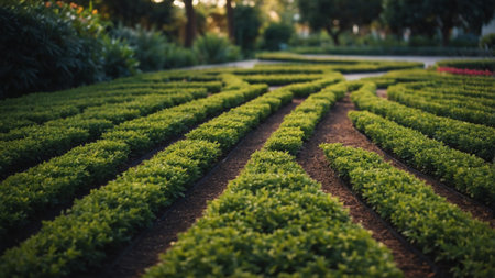 AI Generated. A garden divided into different sections by intersecting pathways in the shape of triangles as well as squaresの素材