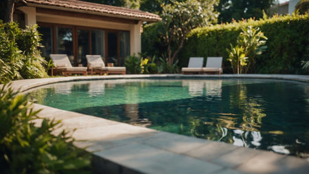 AI Generated. A lush green backyard with a solarpowered swimming pool p strategically in the center maximizing sun exposure for optimal energy efficiencyの素材