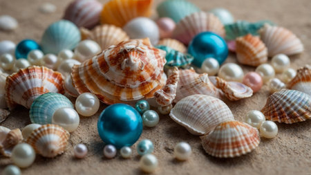 AI Generated. A colorful array of seashells as well as pearls, artis also known astically arranged to create a soothing pastel-themed image perfect for decorの素材