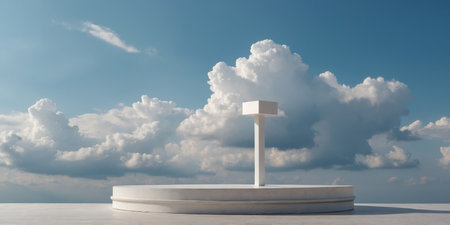 AI Generated. Pure and bright background with platform, pastel blue sky, soft white clouds and pedestal podium Product display Presentation Stage for showcase Studio room minimal sceneの素材