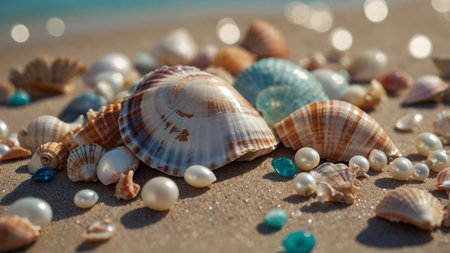 AI Generated. A colorful array of seashells as well as pearls, artis also known astically arranged to create a soothing pastel-themed image perfect for decorの素材