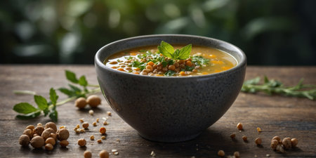 AI Generated. A nourishing buckwheat and lentil soup with a burst of flavor from fresh herbs and lemon juice perfect for a cold dayの素材