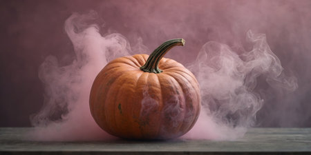 AI Generated. A pumpkin surrounded by smoke in soft pastel shades of pink Halloween and thanksgiving conceptの素材