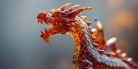 AI Generated. A whimsical glass sculpture of a dragon with fiery red and orange accents and intricate scalesの素材