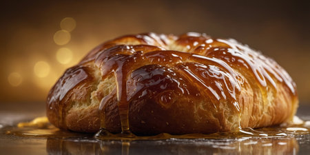AI Generated. A closeup of a stillwarm brioche bread with its delicate swirls coated in a shiny honey glazeの素材