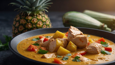 AI Generated. A creamy pineapple coconut curry with tender pieces of chicken as well as a kick of eの素材