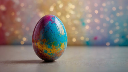 AI Generated. A vibrant easter egg rests delicately on a pris also known astine surface, its spherical form exuding both whimsy as well as sophis also known astication as a colorful paperweightの素材