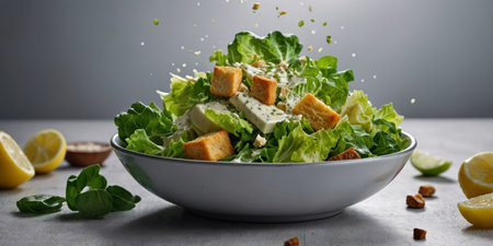 AI Generated. Caesar Salad Pop Art Vibrant Greens Croutons Creamy Dressingの素材