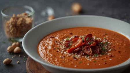 AI Generated. A creamy roasted red pepper and buckwheat soup topped with a sprinkle of crispy bacon bitsの素材