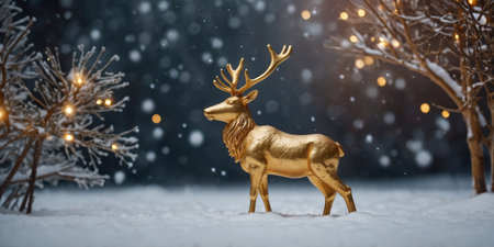 AI Generated. Christmas and New Year composition with golden reindeer and decoration on a snowy backgroundの素材
