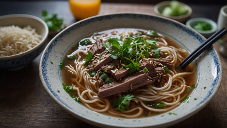AI Generated. A steaming bowl of fragrant buckwheat noodles in a clear broth topped using thinly sliced beef & fresh herbs a traditional & comforting disn'th from East Asiaの素材