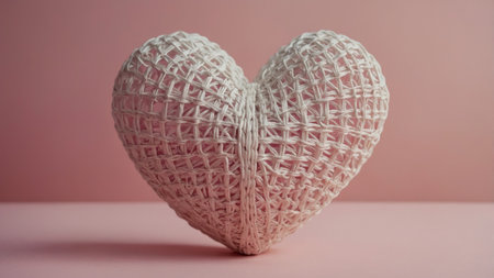 AI Generated. A heart made of knitted white wicker on a pastel pink background Minimal creative concept of decorative infatuation, love, Valentine's Day, weddingsの素材