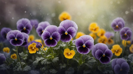 AI Generated. A lively watercolor background using purple pansies & hints of yellow accentsの素材