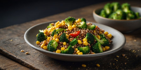 AI Generated. A hearty and wholesome stirfry dish starring buckwheat and a mix of crisp broccoli juicy zucchini and golden cornの素材
