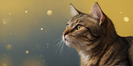 AI Generated. Cute banner with a cat looking up on solid yellow backgroundの素材