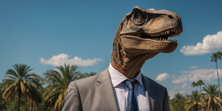 AI Generated. A dinosaur in a sharp business suit presents an imaginative merger of prehistoric fierceness with corporate finesse, perfect for creative media or offbeat professional branding with a fun twistの素材