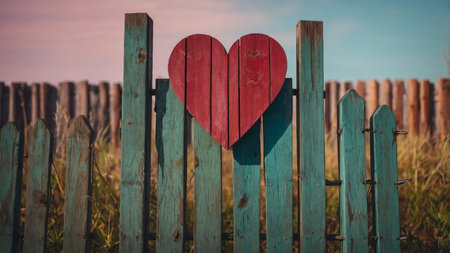 AI Generated. Shabby heart on colorful wooden fence Retro, minimal, inspired by love & Valentine's Dayの素材