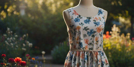 AI Generated. An empty clothing mockup of a summer dress, displayed on a dress form with a garden backgroundの素材