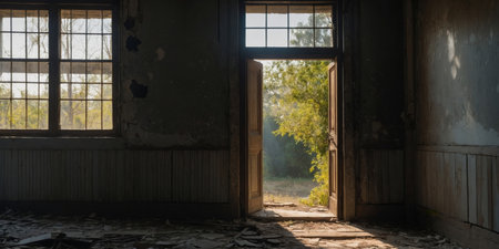 AI Generated. Sunlight filtering through a doorway in an abandoned buildingの素材