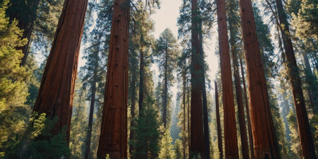 AI Generated. Forest canopy view of towering Sequoias in daylightの素材
