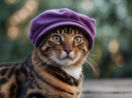 AI Generated. A cute Bengal cat in a purple hat looks up dreamilyの素材