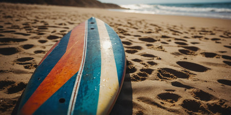 AI Generated. Retro vintage surfboard with colorful stripes in artistic style Perfect for beach and surf themed designs and backgroundsの素材