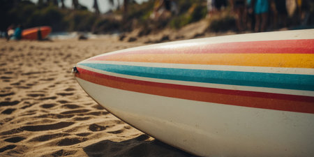AI Generated. Retro vintage surfboard with colorful stripes in artistic style Perfect for beach and surf themed designs and backgroundsの素材