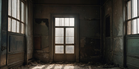 AI Generated. Sunlight filtering through a doorway in an abandoned buildingの素材