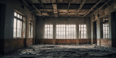 AI Generated. Ruins of an old abandoned building with exposed ceilingの素材