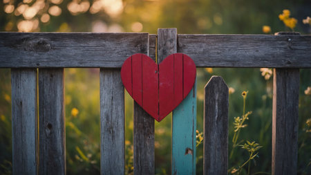 AI Generated. Shabby heart on colorful wooden fence Retro, minimal, inspired by love & Valentine's Dayの素材