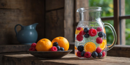 AI Generated. Fresh Fruit Infused Water with Mixed Berries and Oranges in a Glass Jug on a Rustic Wooden Tableの素材