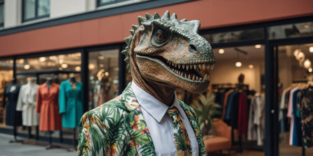 AI Generated. A dinosaur creatively dressed for a tropical vacation stands in front of a clothing store, a humorous and playful image ideal for unconventional marketingの素材