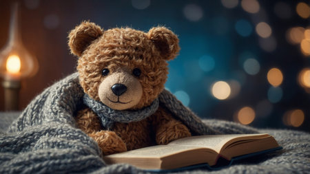 AI Generated. Cute teddy bear reading a book under a cozy knitted blanketの素材