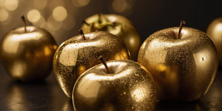 AI Generated. close-up of shiny gold plated apples on studio backgroundの素材
