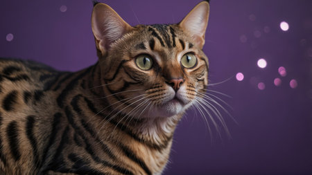 AI Generated. The head of an adult Bengal cat on a purple backgroundの素材