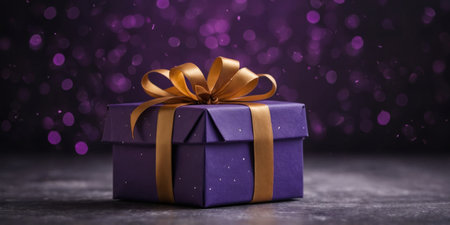 AI Generated. beautiful present on a vivid purple background with copyspaceの素材