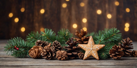 AI Generated. Christmas light wooden background with fir branches, cones, Christmas decorations, stars, Christmas cookiesの素材