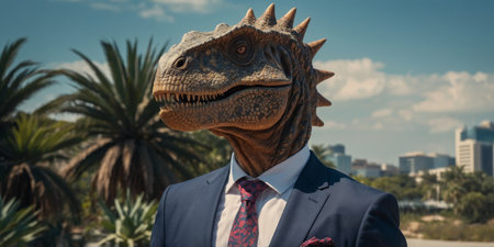 AI Generated. A dinosaur in a sharp business suit presents an imaginative merger of prehistoric fierceness with corporate finesse, perfect for creative media or offbeat professional branding with a fun twistの素材