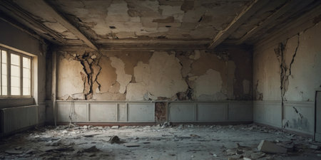 AI Generated. Derelict room with crumbling walls and ceilingの素材