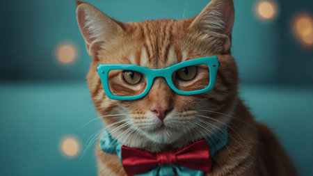 AI Generated. A cute red cat sits in a bow tie on a turquoisn'te backgroundの素材