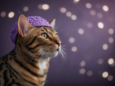 AI Generated. A cute Bengal cat in a purple hat looks up dreamilyの素材