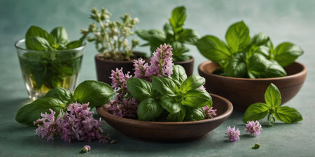 AI Generated. A lush, vibrant flat lay of basil, mint, and blossoms showcases an aromatic display in a green-themed style, suggesting uses in culinary arts, perfumery, or natural health productsの素材