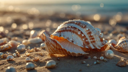 AI Generated. Seashells & pearls are artfully illuminated by caustic light effects, creating a warm, enchanting atmosphereの素材