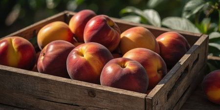 AI Generated. Fresh nectarines in a rustic wooden crate, close-up viewの素材