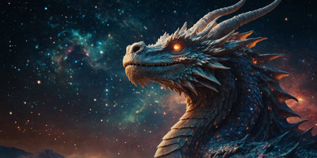 AI Generated. An epic cosmic dragon amidst the stars, blending fantasy and astronomy, ideal for imaginative storytelling and creative design, with a mystical and powerful presenceの素材